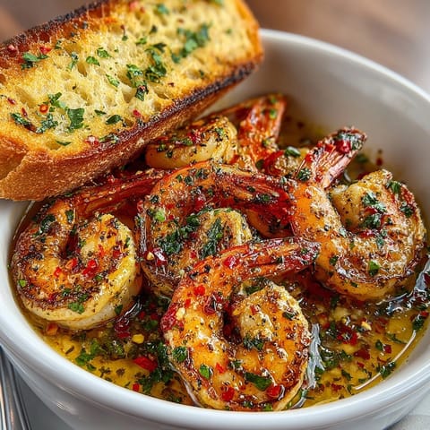 Juicy shrimp in scampi sauce paired with crackling garlic bread, ready for dipping.