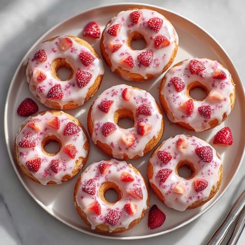 Homemade strawberry donuts served warm, showcasing moist pink centers and a sugary glaze finish.