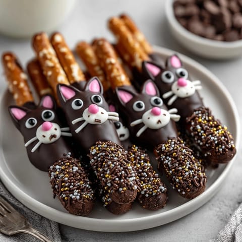 Homemade Halloween Black Cat Pretzel Rods: a festive, kid-friendly treat with crunchy, sweet taste.
