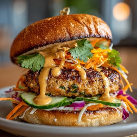 Stack of juicy Thai Peanut Turkey Burgers dripping with creamy peanut sauce on toasted buns.