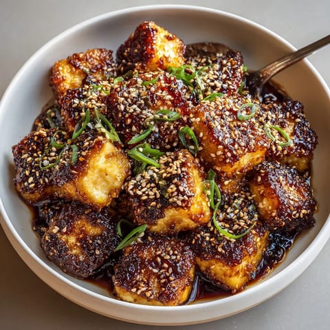 Golden Spicy Honey Garlic Tofu served over rice, a satisfyingly sweet and spicy vegetarian meal.