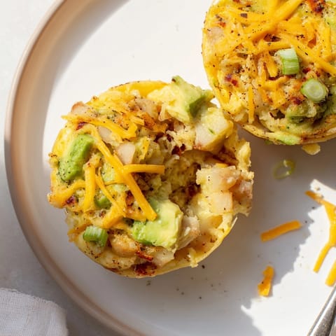 Close-up of savory Avocado Ranch Potato Egg Muffins with cheddar and avocado.
