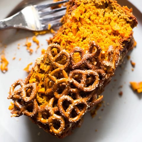 Golden brown Sweet Potato Cinnamon Pretzel Muffin Loaf with a sweet, spiced aroma.  
