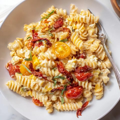 Savor the rich, tangy Baked Feta Pasta topped with fresh basil and savory goodness.  