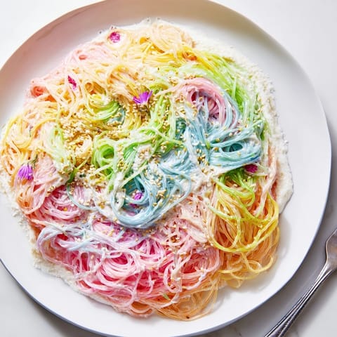 Colorful noodles in whimsical Neon Noodle Cloud, garnished with scallions and sesame seeds.  