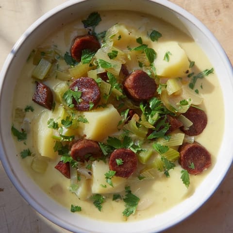 This Potato, Leek & Chorizo Soup showcases a velvety texture, garnished with fresh parsley and crunchy bread.