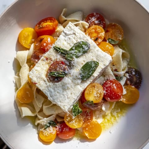 Festive Baked Feta Snowfall Cherry Tomato Christmas Pasta, sprinkled with Parmesan, ready to serve as a main dish.