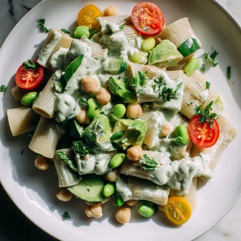 This Holiday Glow Green Goddess Protein Pasta Salad has bright green dressing coating fresh vegetables and pasta.
