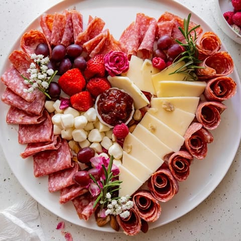 Heart-Shaped Charcuterie Board, a romantic appetizer: cured meats, cheeses, and fresh fruits arranged artfully.