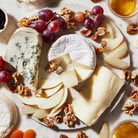 Vibrant Cheese Platter Cœur Passion boasts creamy cheeses, sweet fruits, and crunchy nuts, ready to enjoy.