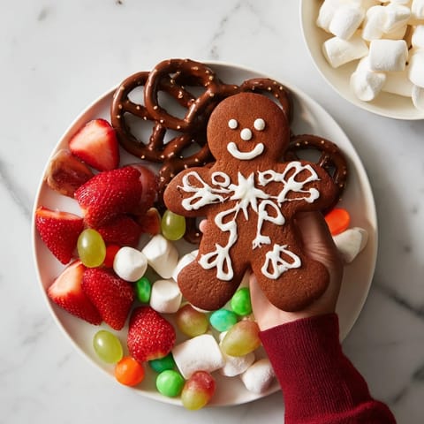 A beautiful Gingerbread Man Cookie Board, a colorful holiday dessert filled with tasty goodies.