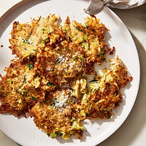 A close-up of delicious High-Protein Chicken Zucchini Fritters, perfectly fried with visible herbs.
