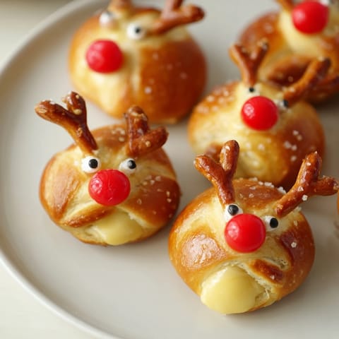 Golden-brown Rudolf's Red Nose Pretzel Bites, filled with cheese and ready for the holidays.
