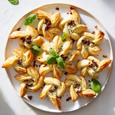 Golden-baked Poinsettia Puff Pastry Appetizer, a savory treat with herbed cream cheese and sun-dried tomatoes.