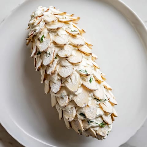 Elegant Snowy Pinecone Centerpiece, constructed with almonds and perfect for any holiday appetizer plate.