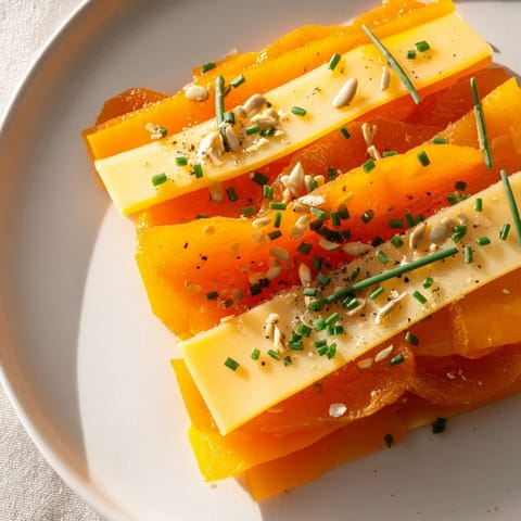 The visually stunning Serengeti Sunset appetizer offers sweet apricots and smoky Gouda in vibrant, sunset bands.