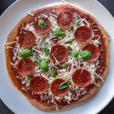 Homemade ground beef pizza base, with bubbly cheese and savory pepperoni, ready to devour.