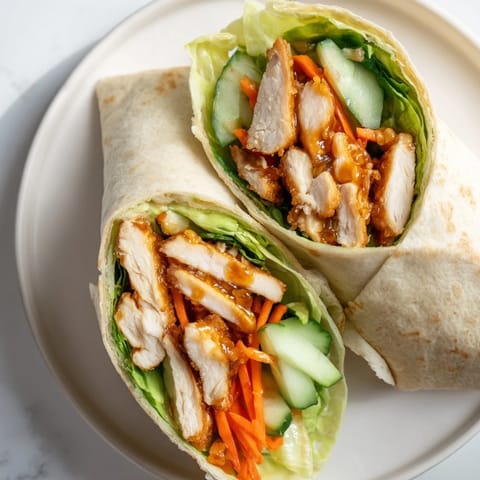 A close-up of a Honey Chili Crunch Chicken Wrap, sliced to reveal layers of juicy chicken and fresh, crunchy vegetables.  