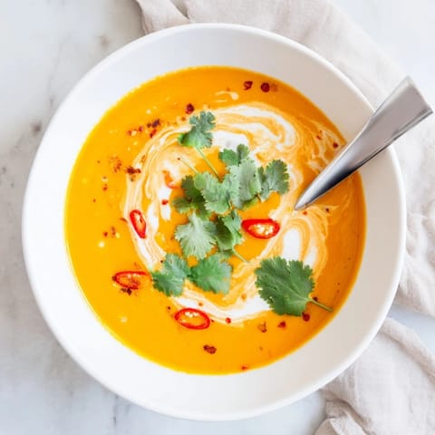 A close-up of the silky Carrot, Celeriac, and Chilli Soup highlights the texture of the blended vegetables and a garnish of extra chilli slices.  