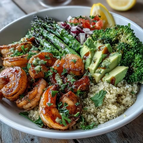 Delicious Detox Buddha Bowl with Shrimp, perfect for a healthy lunch with fluffy quinoa and fresh produce.