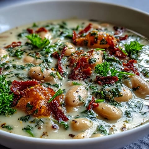 Hearty Tuscan White Bean Soup: rich, comforting bowl with pancetta and cream.