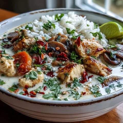 A steaming bowl of flavorful Thai coconut curry soup, generously garnished.
