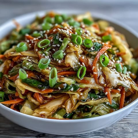 A steaming serving of hot and sour cabbage is garnished with scallions and sesame seeds beside fluffy white rice.