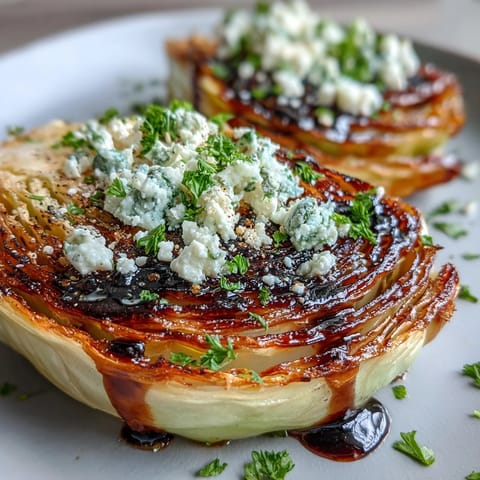 Golden roasted crispy cabbage steaks topped with creamy feta and a drizzle of tangy balsamic glaze on a rustic plate.