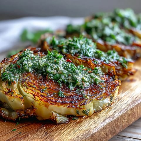 Perfectly roasted cabbage steaks drizzled with zesty jalapeño chimichurri, served as a bold vegan main or side dish.  
