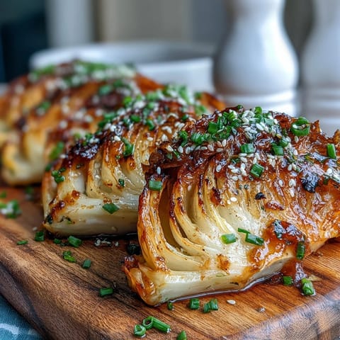 A close-up of tender miso butter roasted cabbage wedges with crispy edges, perfect as a savory vegetarian side dish.