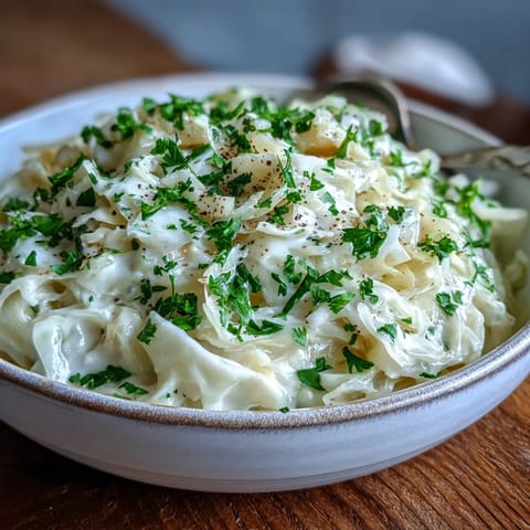 Shredded green cabbage sautéed with onion in a silky, creamy sauce, garnished with fresh parsley, perfect as a simple vegetarian side dish.  