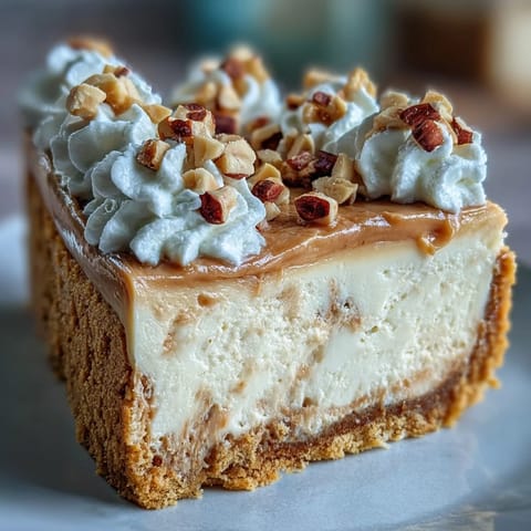 A thick slice of Nutter Butter Cheesecake on a plate, garnished with chopped peanuts and a crunchy cookie.