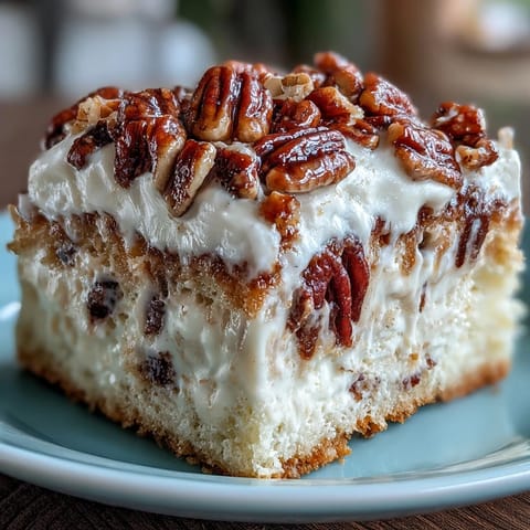 Buttery pecans and golden toasted nuts garnish chilled slices of Butter Pecan Tres Leches Cake on a plate.