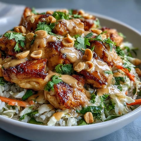 Succulent chicken pieces glisten with peanut sauce on a bed of coconut rice, garnished with crunchy red cabbage, carrots, and fresh cilantro.