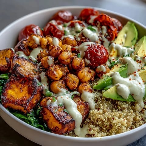 Overhead view of a wholesome Buddha Bowl with Quinoa, Roasted Sweet Potatoes, Crispy Chickpeas, Fresh Veggies & Garlic Tahini Dressing served for lunch.