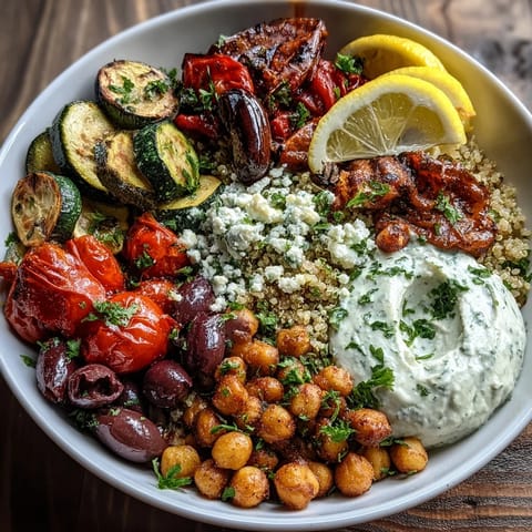Savory roasted zucchini and bell peppers sit atop quinoa in this Mediterranean Buddha Bowl, garnished with olives, hummus, and tangy feta cheese.