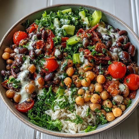 Tossing the New Years Hoppin John Salad with black-eyed peas and chickpeas in a creamy tahini dressing.