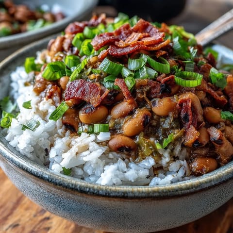 Bowl of traditional Southern Hoppin John with black-eyed peas and smoky bacon garnish.