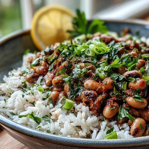 A hearty Southern Vegetarian Hoppin John with black-eyed peas simmered in smoky spices alongside diced bell pepper and celery.