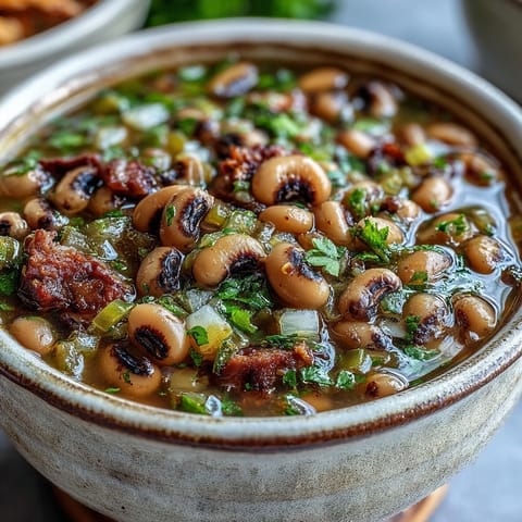 Hearty Southern Classic New Years Black-Eyed Peas topped with fresh parsley, presented in a warm bowl with a slice of buttery cornbread on the side.