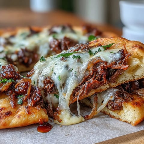 Golden, melty provolone and mozzarella cheeses ooze over tender shredded beef and caramelized onions on a warm garlic naan, with a small bowl of rich brown jus for dipping nearby.