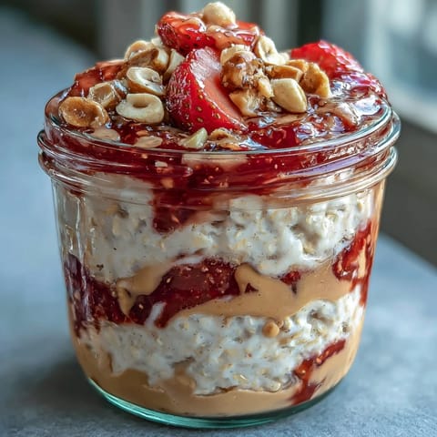 A glass jar of High-Protein Peanut Butter & Jelly Overnight Oats topped with fresh strawberry slices and a peanut butter drizzle.