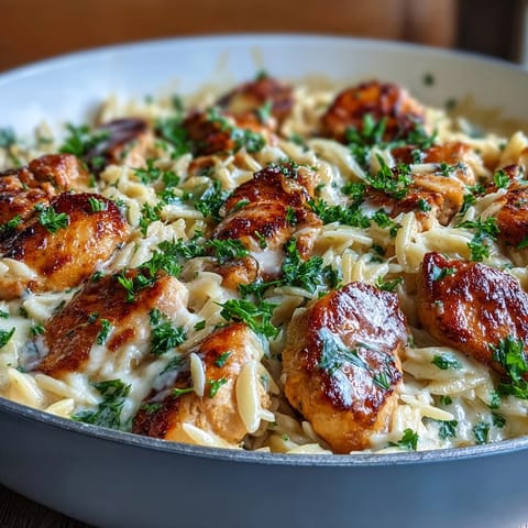 Hearty One-Pot Garlic Parmesan Chicken Orzo with tender orzo, spinach, and savory cream sauce.