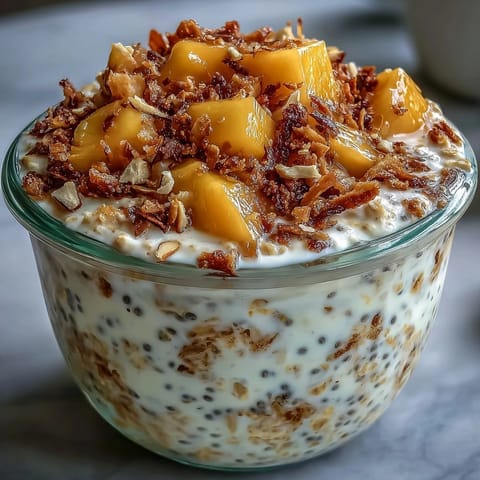 Vibrant mango chia overnight oats jar with toasted coconut crunch, perfect for a tropical vegan breakfast.  