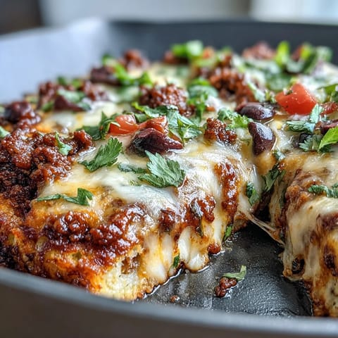 2. A hearty, low-carb taco skillet featuring a crispy cauliflower crust, savory ground beef, and fresh tomato topping.  