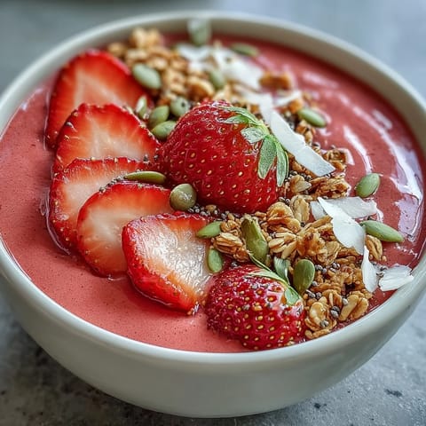 Strawberry Protein Smoothie Bowl with Hidden Cauliflower Cream, a thick and creamy blend of sweet berries and nutritious cauliflower, topped with fresh fruit and crunchy seeds.