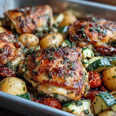 Sheet pan Mediterranean chicken with zucchini and lemon-herb potatoes, a vibrant one-pan meal with juicy chicken and roasted vegetables.  