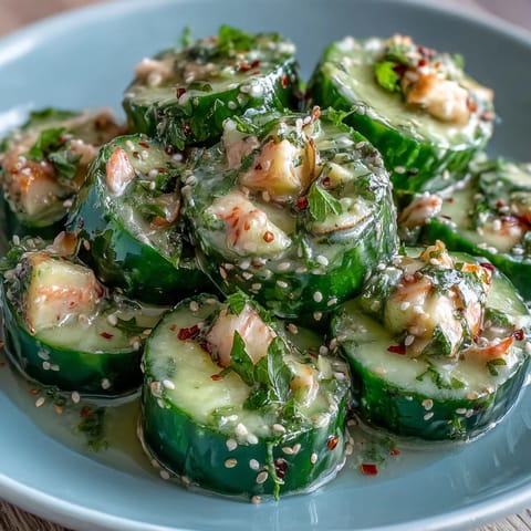 California Roll Cucumber Salad with avocado and crab in a creamy sushi dressing, served fresh and garnished with sesame seeds.