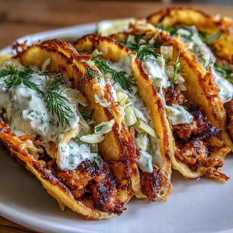Flavor-packed dill pickle ranch chicken tacos with crunchy cabbage and creamy cottage cheese sauce.  