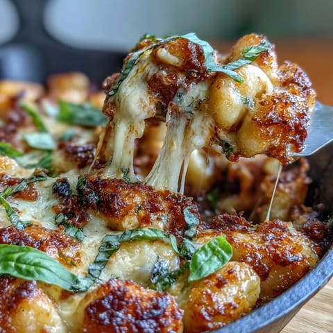 Crispy Chicken Parmesan Gnocchi skillet with golden panko topping, melted mozzarella, and rich marinara sauce for an easy Italian-inspired dinner.